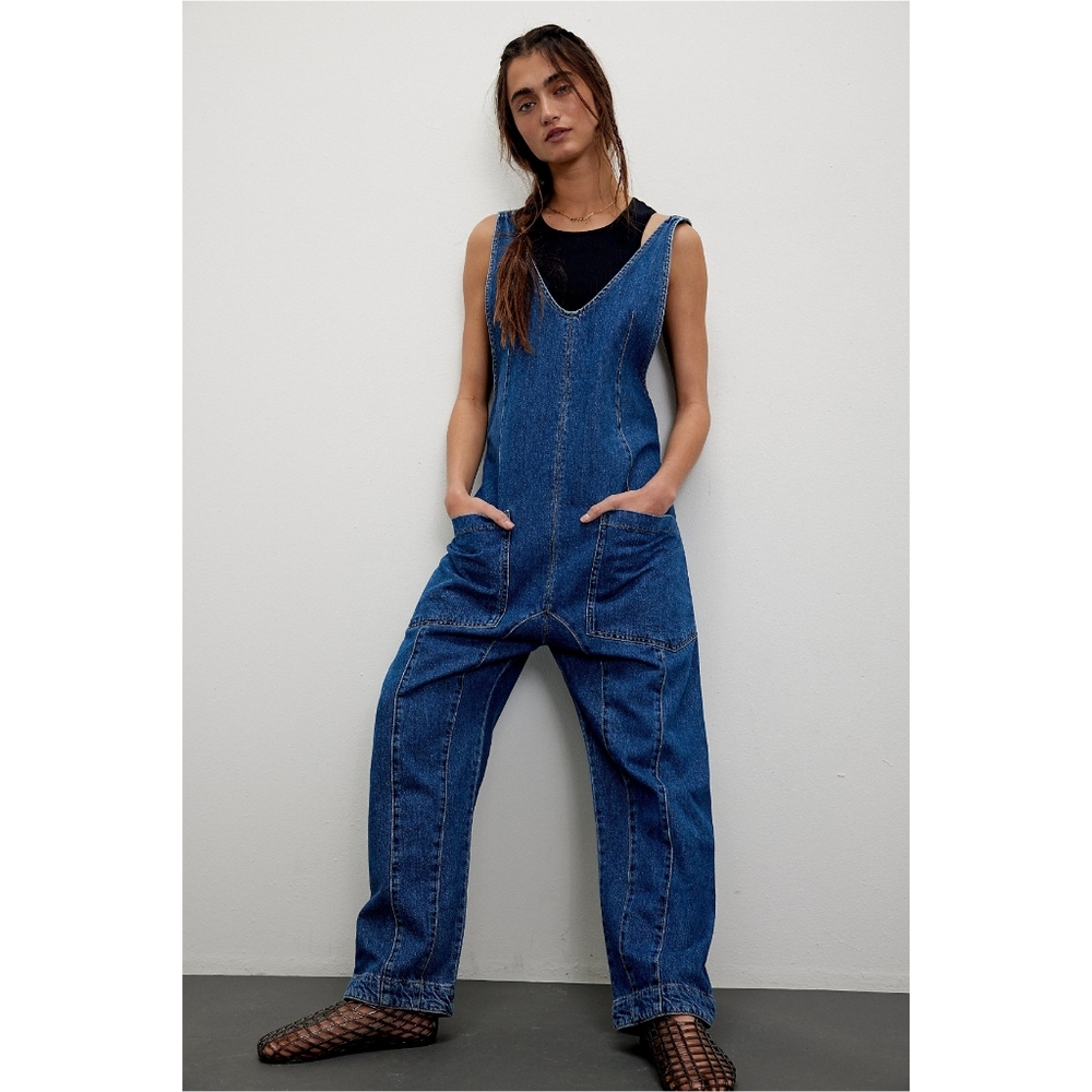 Free People Blue Denim V-Neck Utility Jumpsuit